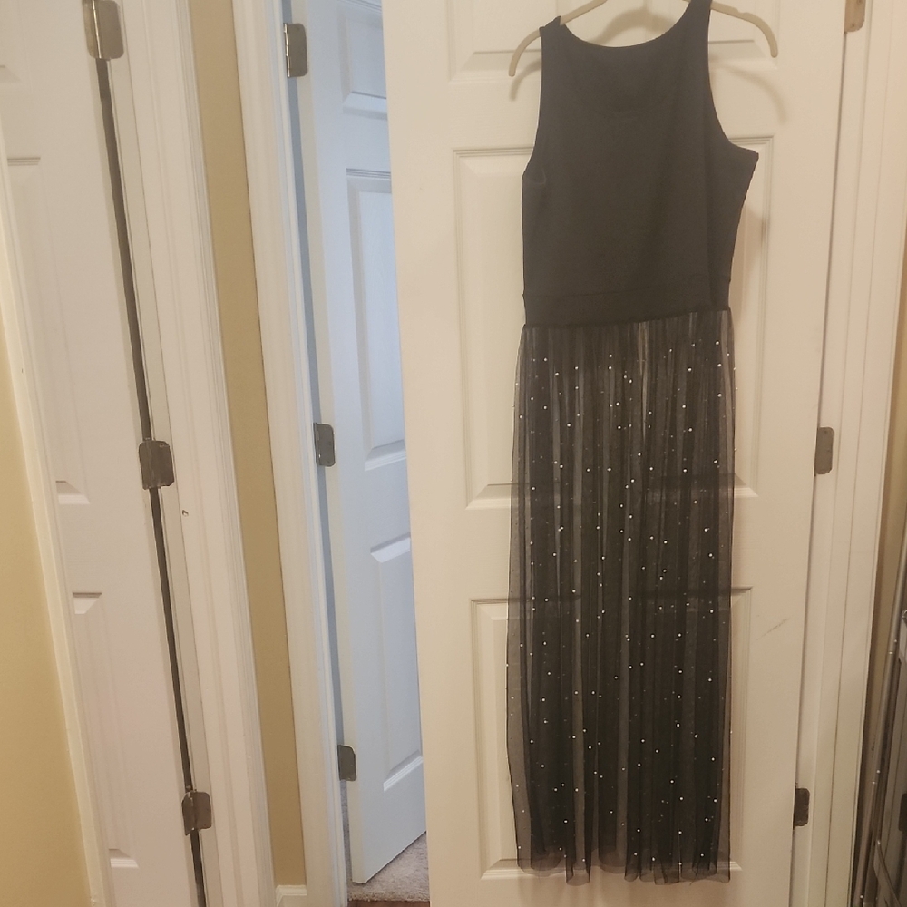 Elegant Black Sleeveless Maxi Dress Cover Up with Sparkle Tulle Skirt.